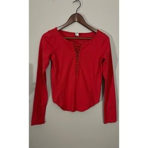 Red Lace-Up Long Sleeve Top